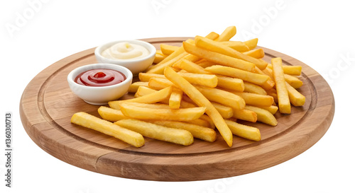 Crispy Golden French Fries Served on a Wooden Cutting Board with Ketchup and Mayonnaise Dipping Sauces for a Delicious Snack or Side Dish