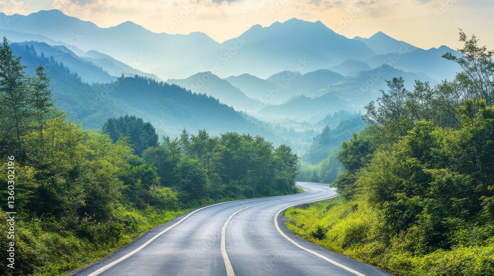 A scenic nature landscape of an asphalt road leading through a green forest and mountain region in Hangzhou, China A scenic nature landscape of an asphalt road leading through a green forest and mountain region in Hangzhou, China