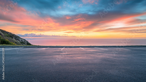 A scenic outdoor asphalt parking lot overlooking a breathtaking coastline and a sky filled with vibrant sunrise colors