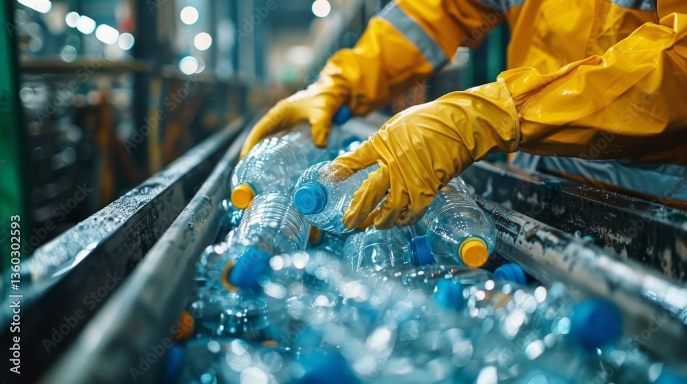 A gloved worker sorts plastic bottles on a conveyor belt, demonstrating the recycling process, useful for environmental campaigns, recycling articles, and sustainability education materials.