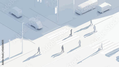 The image presents a minimalist, monochrome rendering of an urban scene.  The color palette is limited to shades of light gray and white. The perspective is from a high angle, showing a street with