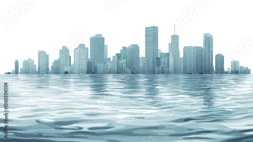 The image shows a digital rendering of a cityscape partially submerged in water.  The buildings are rendered in shades of light blue and gray, creating a cool, somewhat desaturated color palette.