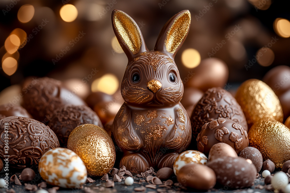 Luxurious arrangement of chocolate Easter eggs and bunnies.