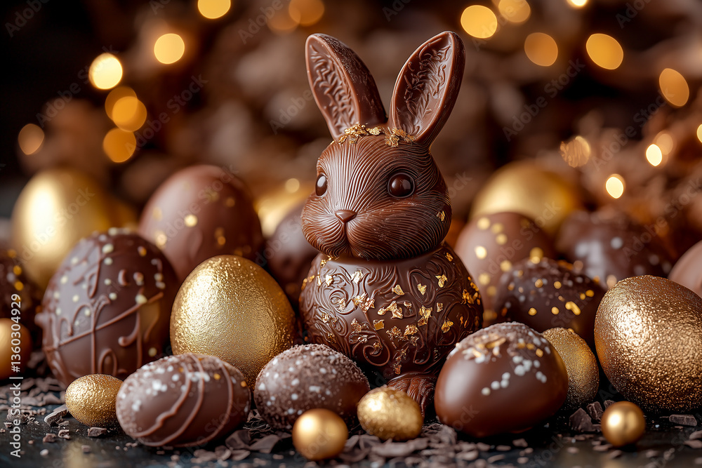Luxurious arrangement of chocolate Easter eggs and bunnies.