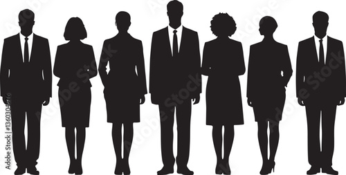 Shadowed Stance: Silhouettes of seven diverse business professionals stand in unison, exuding an air of determination and unity, poised for success
