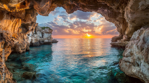 A stunning sunset view of the Ayia Napa sea caves in Cyprus, showcasing the tranquil Mediterranean coastline