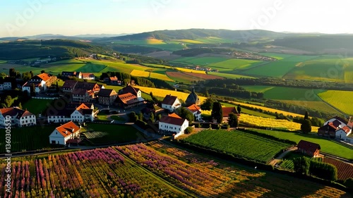 Aerial footage captured by a drone reveals expansive European fields, showcasing lush greenery, golden crops, and winding paths under a serene sky.