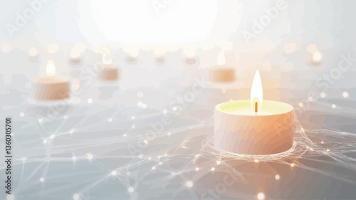 Close-up shot of several small, cylindrical white candles, some lit and some unlit, arranged on a light gray surface.  The candles are subtly blurred creating a bokeh effect. A network of faint,