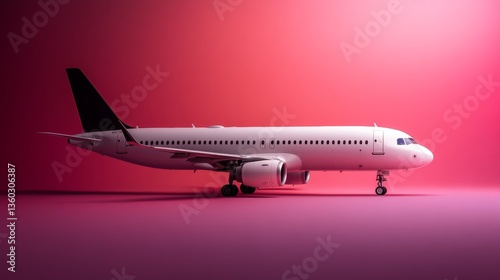 A single airplane glides through an expansive sky that transitions from deep indigo to warm coral, symbolizing tranquility and limitless potential in the air