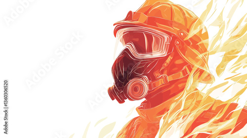 A stylized digital illustration depicting the profile of a firefighter engulfed in flames. The artwork is rendered in predominantly warm tones of orange and red, with highlights of white.  The