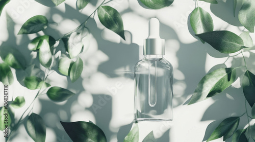 A transparent glass dropper bottle with a white cap, surrounded by soft natural shadows and green leaves, ideal for skincare, essential oils, or eco-friendly beauty products