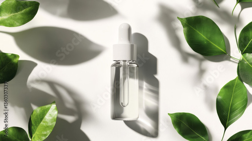 A transparent glass dropper bottle with a white cap, surrounded by soft natural shadows and green leaves, ideal for skincare, essential oils, or eco-friendly beauty products