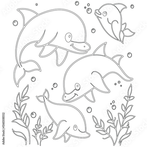 hand drawing dolphin fish black outline vector, baby dolphin coloring page for kids