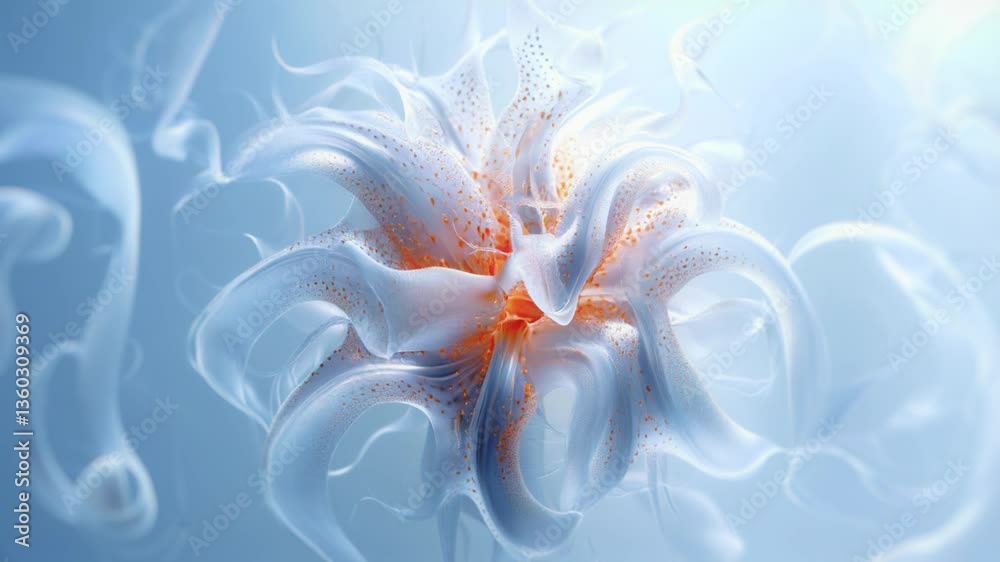 Abstract animation of a flower resembling a sea creature, with elegant white shapes and orange accents. Soft and flowing shapes, creating a feeling of lightness and airiness. Abstract style