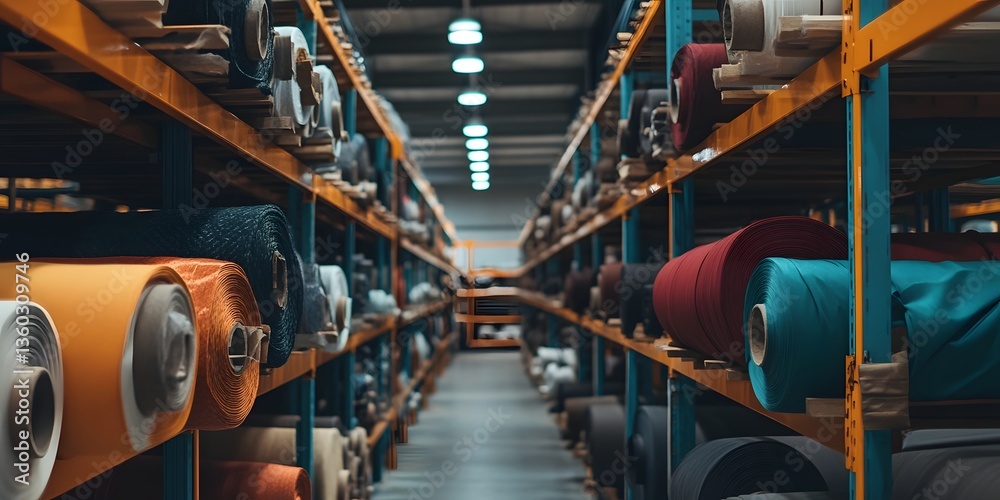 Obraz premium Organized warehouse shelves with colorful textile supplies long title A large industrial warehouse filled with rows of organized shelves holding