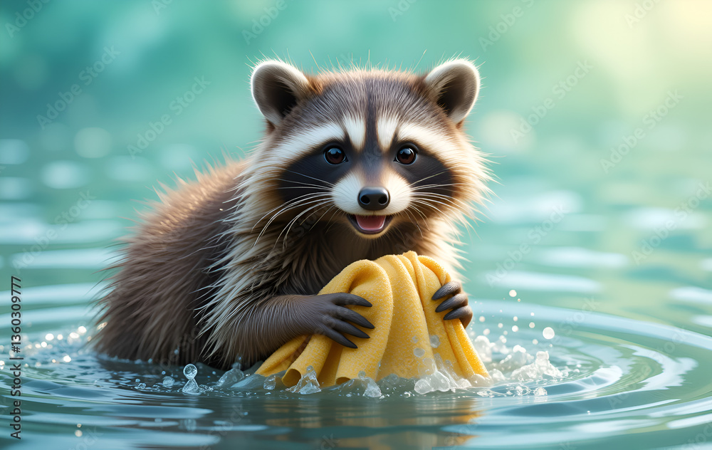 cuetest racoon washing cloth in lake. Digital artwork in painted style. Ai generated