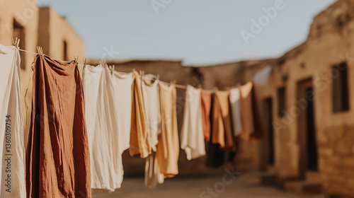 Sun-Drenched Laundry Hanging in Ancient Village Setting