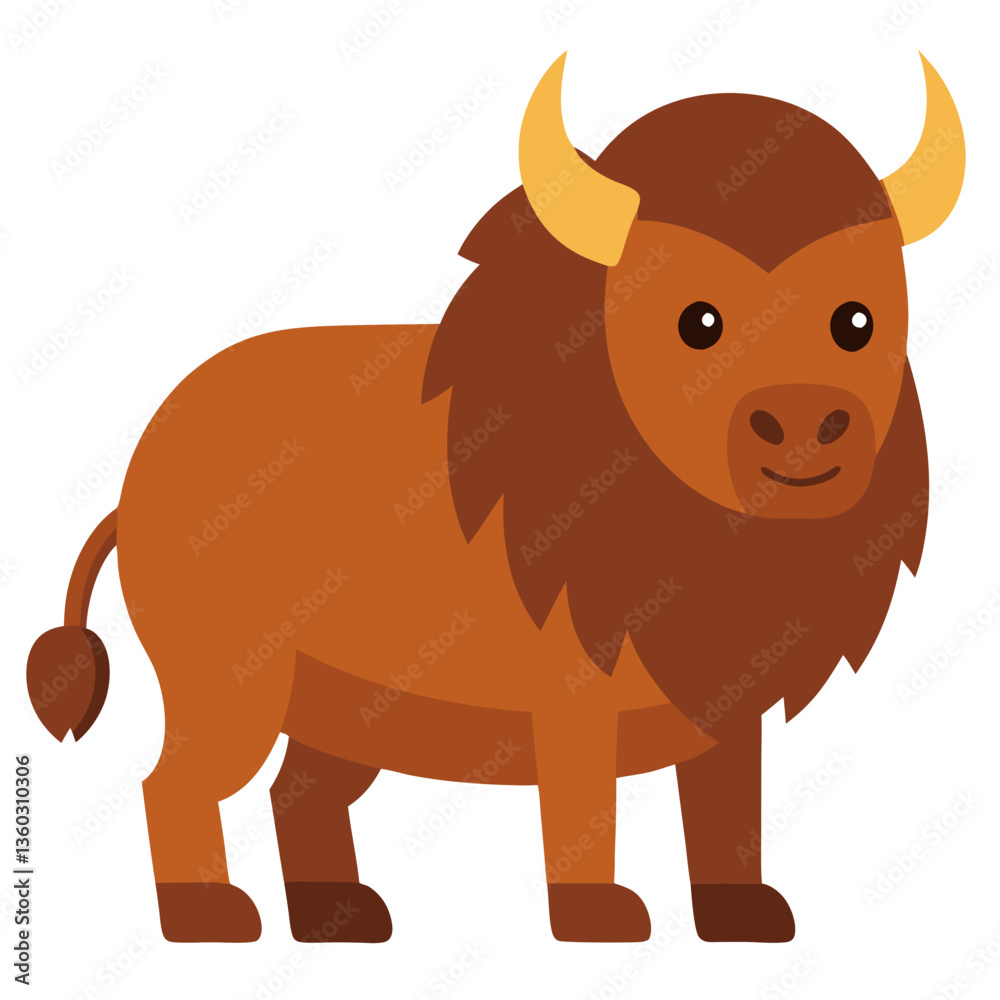 Fototapeta premium a cute illustration of a bison with yellow horns and a friendly expression, standing confidently