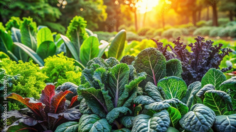 Fototapeta premium Lush garden brimming with vibrant, healthy leafy greens bathed in the warm glow of sunset