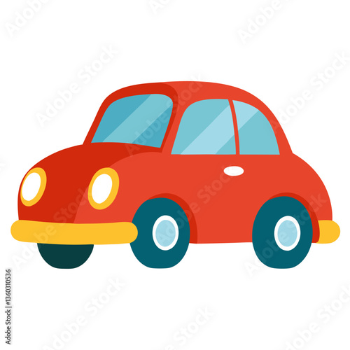 a red car cartoon with a yellow bumper and blue wheels. The windows are clear, and the overall design is simple and bright. vector illustration