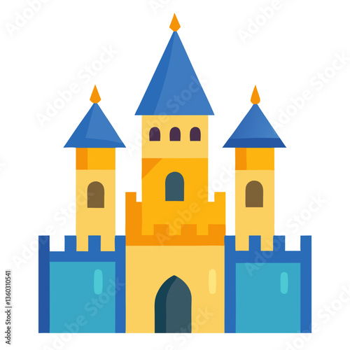a colorful illustration of a majestic castle with tall towers and vibrant design. The castle has a sturdy base and intricate architectural details