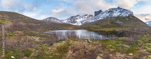 panorama with lake and beach of the North Atlantic. rough nature on the islands of Kvaløya, with steep rocky mountains. little birch trees and yellow grass on shore by the fjord in Northern Norway.