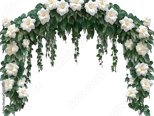 A beautiful floral archway featuring many white flowers and green leaves