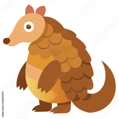 a cartoon pangolin illustration, this image shows a pangolin standing on its legs. It has scales and a long snout, and the colors are warm and inviting