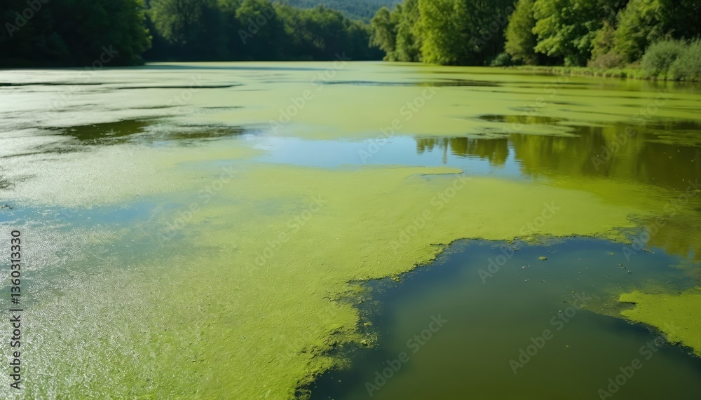 Fototapeta premium Toxic algal bloom covers lake water. Green algae caused by nutrient pollution, harming aquatic ecosystems. Environmental issue, climate change effect. Eutrophication, water pollution. Nature, eco