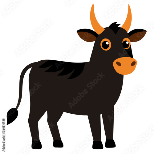 a cartoon illustration of a bull with a black coat and orange horns
