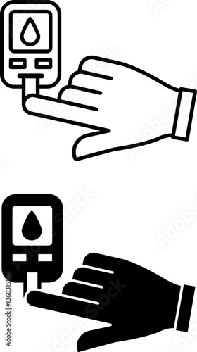 Blood Sugar Icons. Black and White Vector Illustration. Determining Blood Sugar Level with a Glucometer. Healthy Lifestyle and Medicine. Nutrition Concept