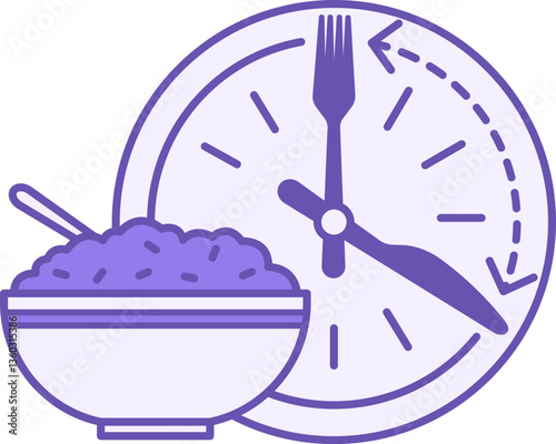 Colored Meal Timing Icons. Vector Illustration. Clock with Knife and Fork, Porridge Plate with Spoon. Healthy Lifestyle. Nutrition Concept