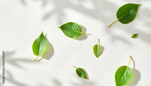 Green leaves scattered on light background