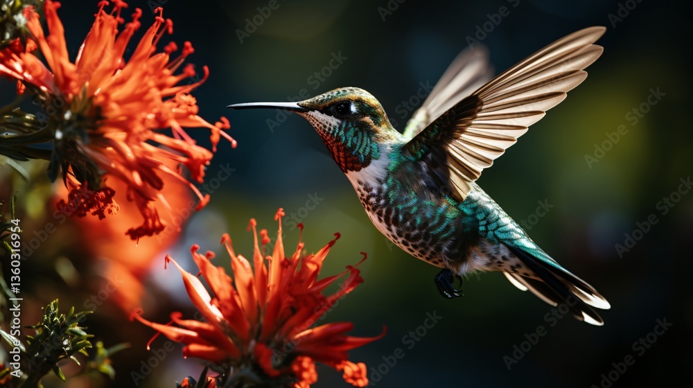 Fototapeta premium Hummingbird hovering near vibrant red flowers in nature
