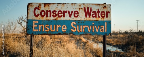 World water day with conservation and supply idea. Faded sign promoting water conservation for survival.