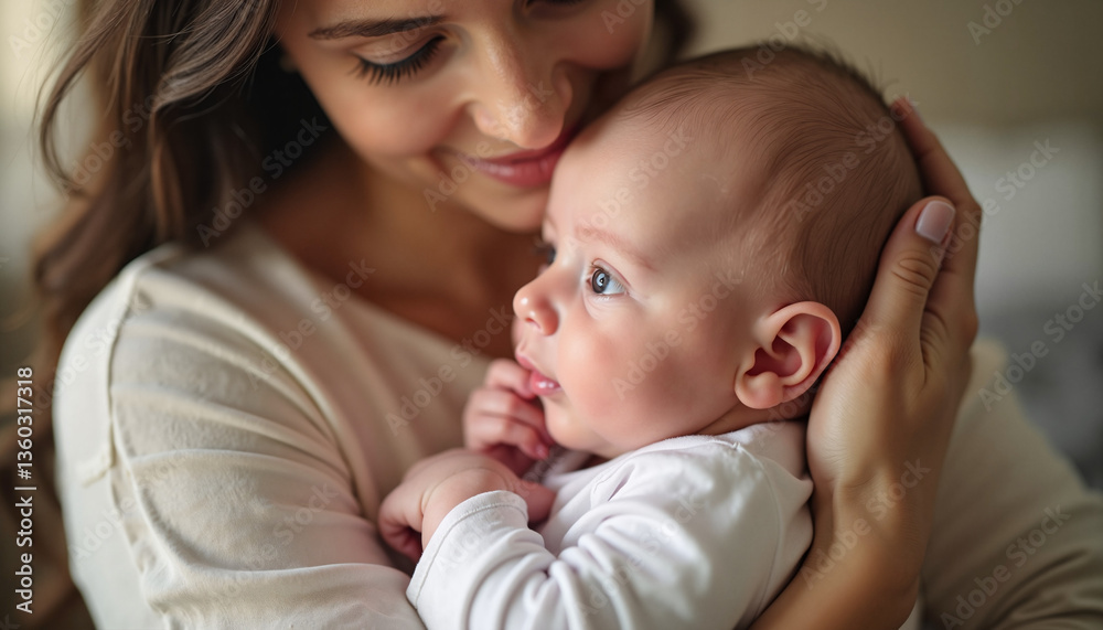 Mother holding baby joyfully in a soft indoor setting Mother holding baby joyfully in a soft indoor setting