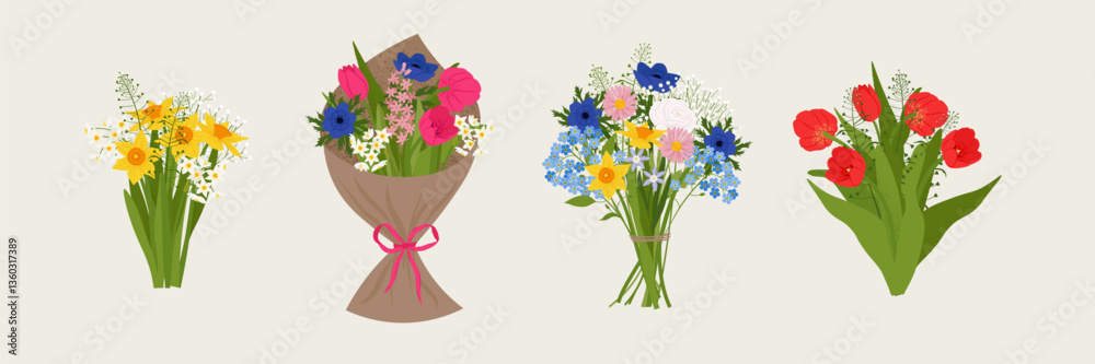 Obraz premium Set of bouquets. Blooming garden flowers. Flat Vector illustration in hand-drawn style