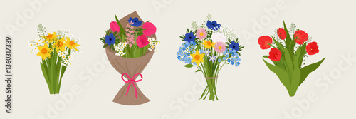 Set of bouquets. Blooming garden flowers. Flat Vector illustration in hand-drawn style