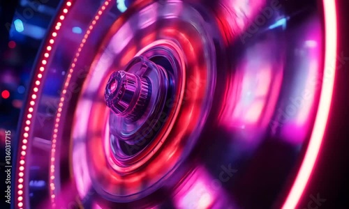 Close-up of a vibrant, illuminated roulette wheel spinning in a casino with colorful lights