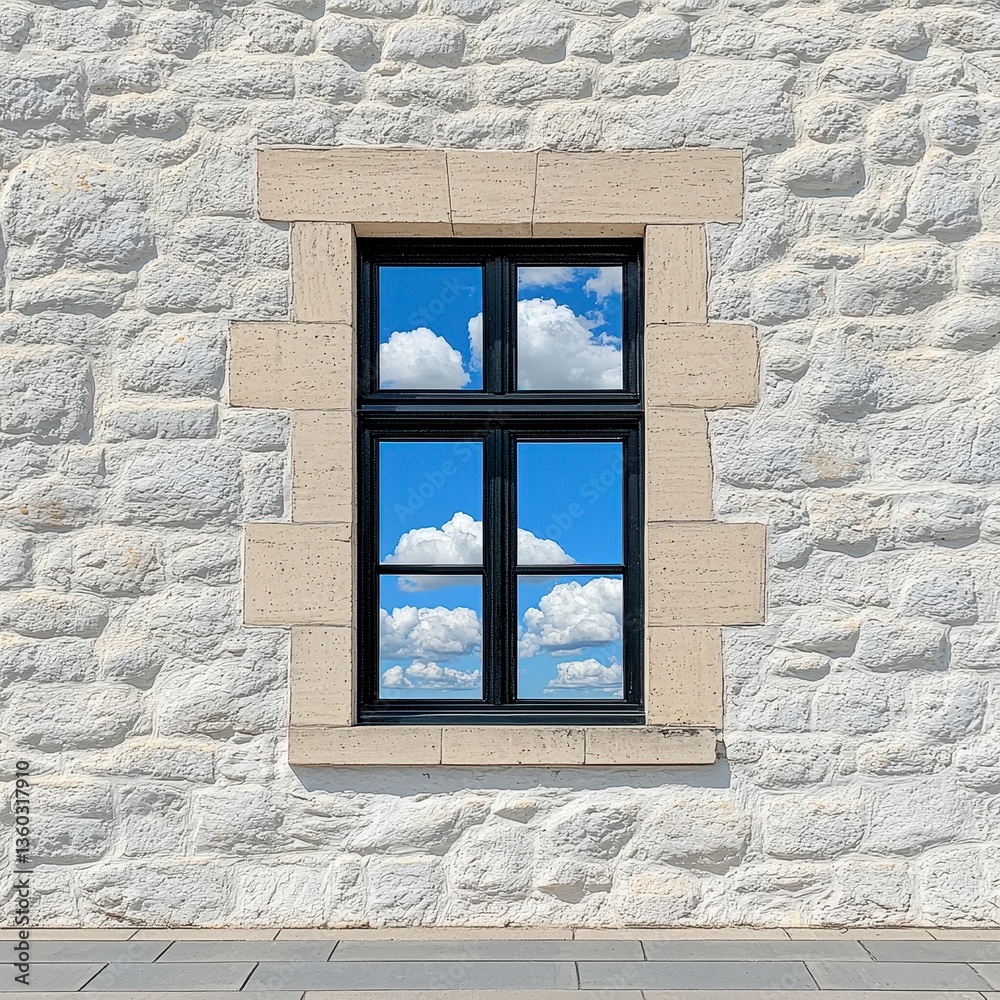 Fototapeta premium Reflective Window in Stone Wall Blue Sky and Clouds