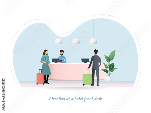 Hotel receptionist assisting guests at check-in counter
