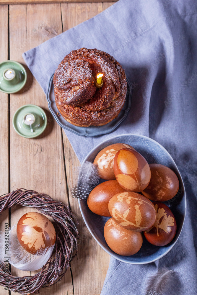 Easter cake and painted eggs, traditional Easter symbols blessed in the church.