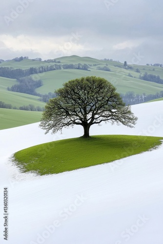 Solitary Tree on Snowy Island in Rolling Green Hills