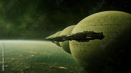 Spaceship Orbiting Twin Planets in a Green Nebula