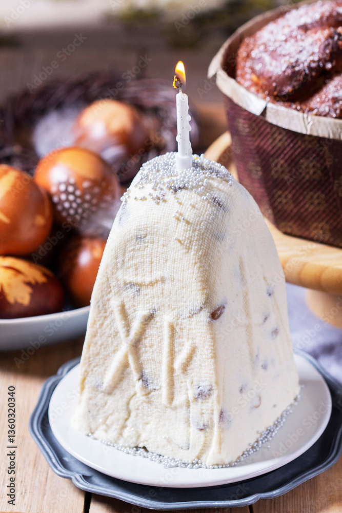 Curd paskha, Easter kulich and painted eggs, traditional Easter symbols consecrated in the church.