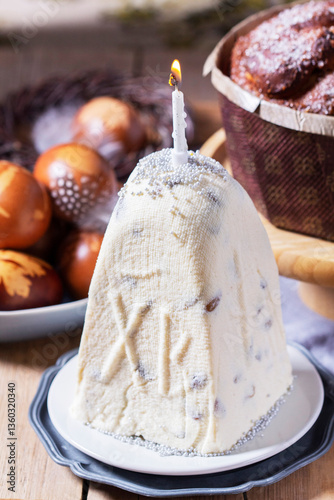 Curd paskha, Easter kulich and painted eggs, traditional Easter symbols consecrated in the church.