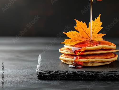 Stack of Pancakes Drizzled with Golden Syrup and Maple Leaf