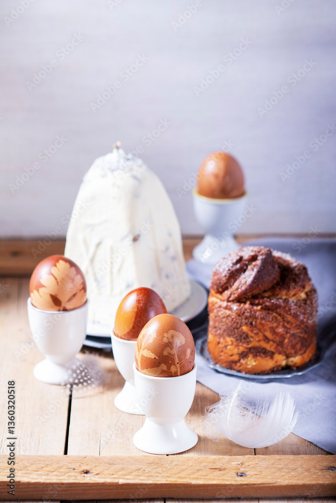 Curd paskha, Easter kulich and painted eggs, traditional Easter symbols consecrated in the church.