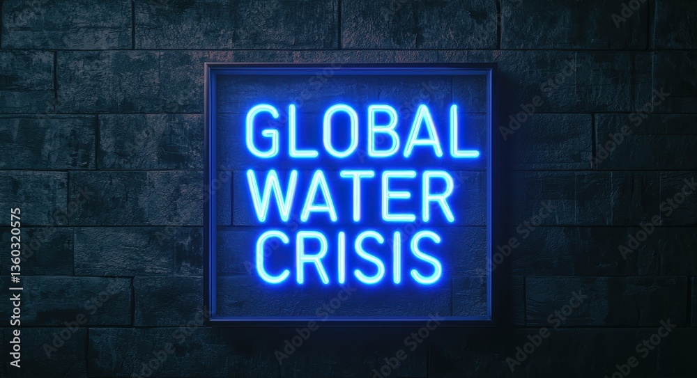 Fototapeta premium World water day with conservation and supply idea. Global water crisis neon sign on a dark textured wall.