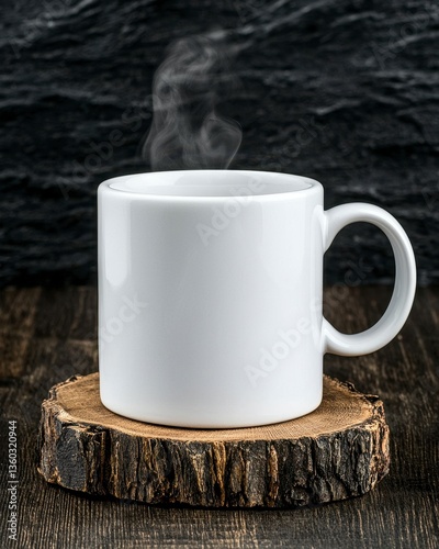 Steaming White Mug on Rustic Wooden Coaster